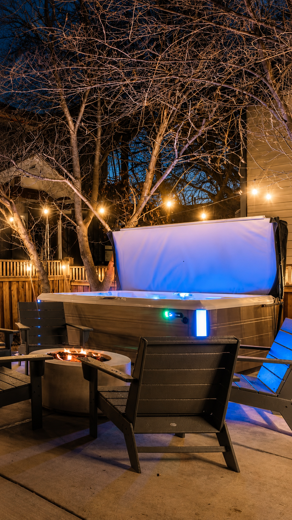 Private hot tub and fire pit glowing under string lights at night