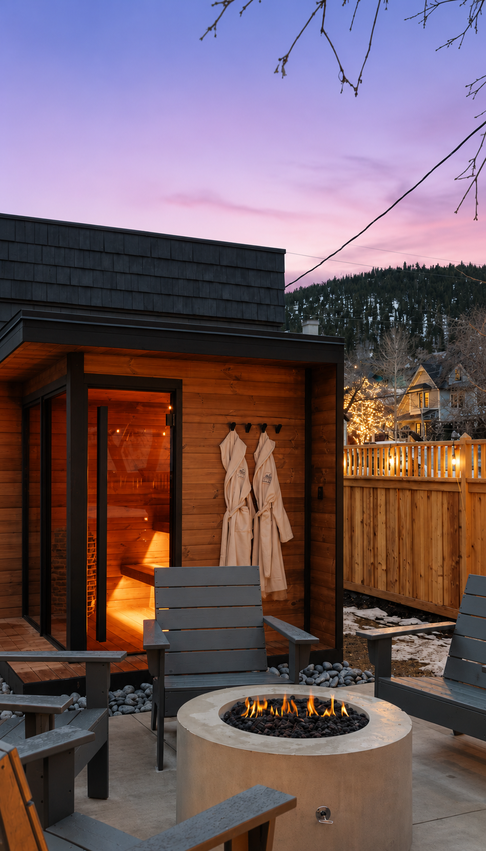 Private cedar sauna and fire pit at dusk in the backyard
